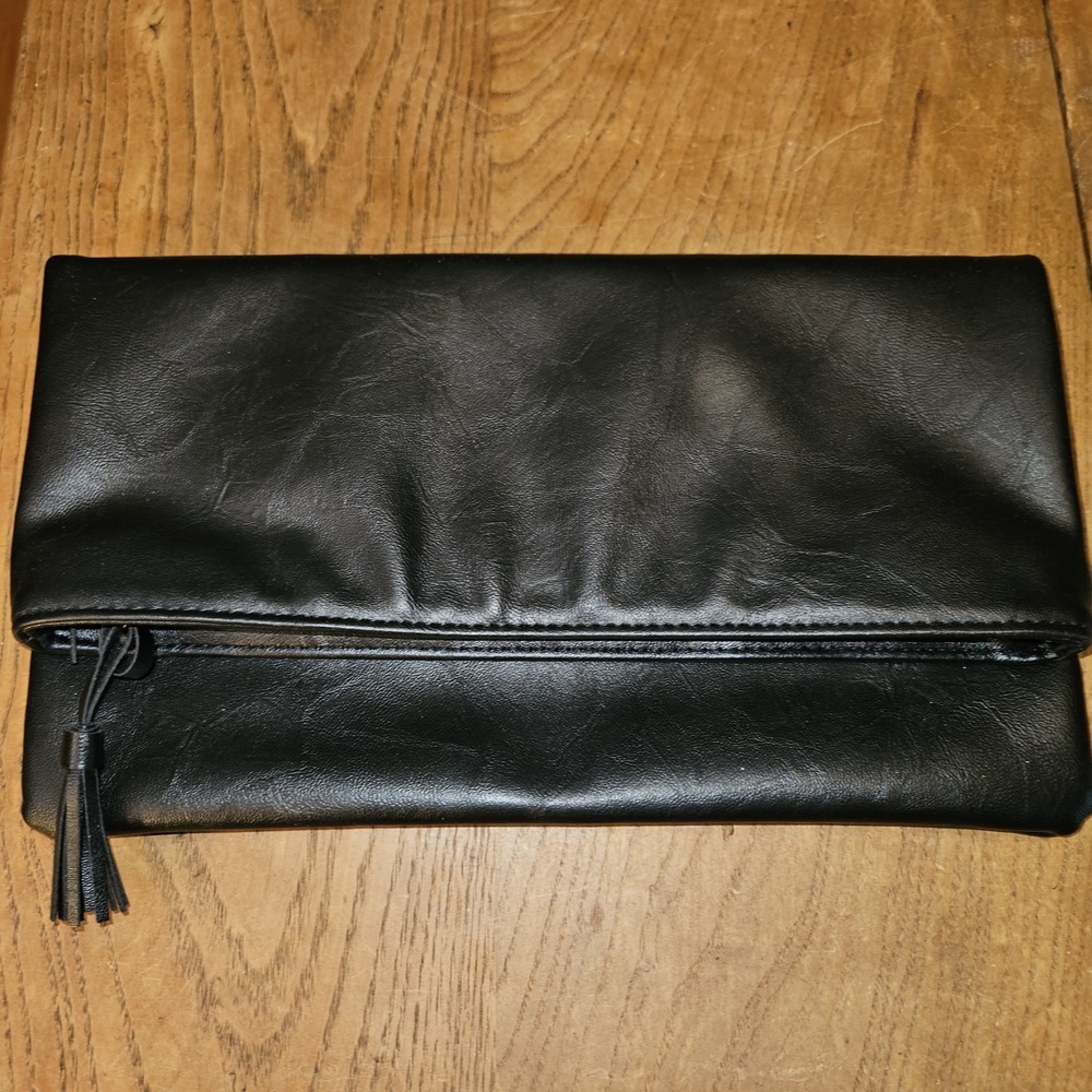 Monet Black Faux Leather Folding Clutch Magnetic Closure Minimalist Evening Bag
